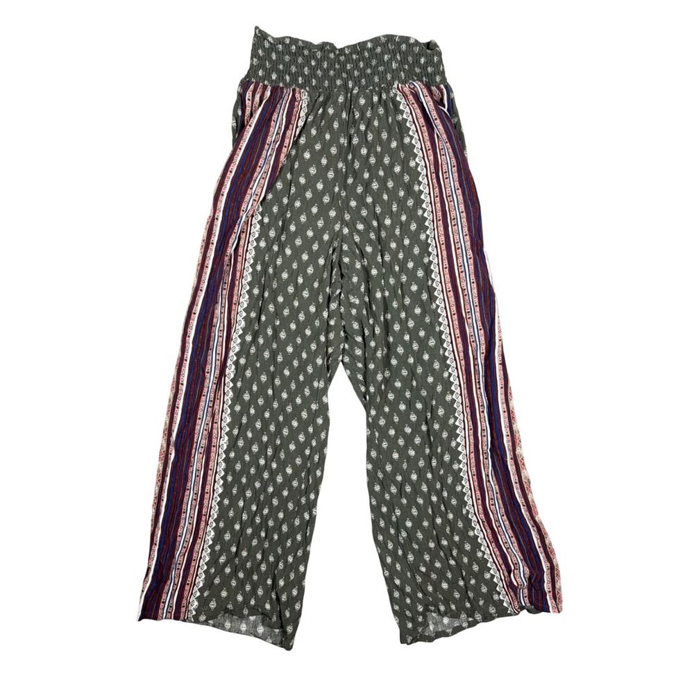 Eden & Olivia Women Olive Green Boho Diamond Print Smocked Wide Leg Pants M